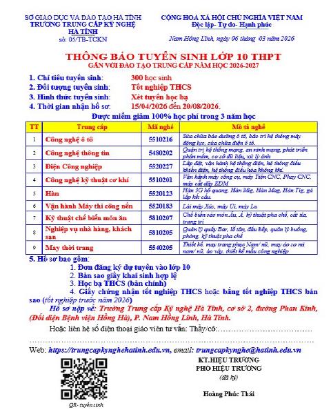 THÔNG TIN TUYỂN SINH NĂM HỌC 2026-2027